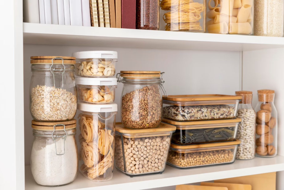 Organized pantry shelves with labeled jars and bins storing bulk dry goods for long-term storage.