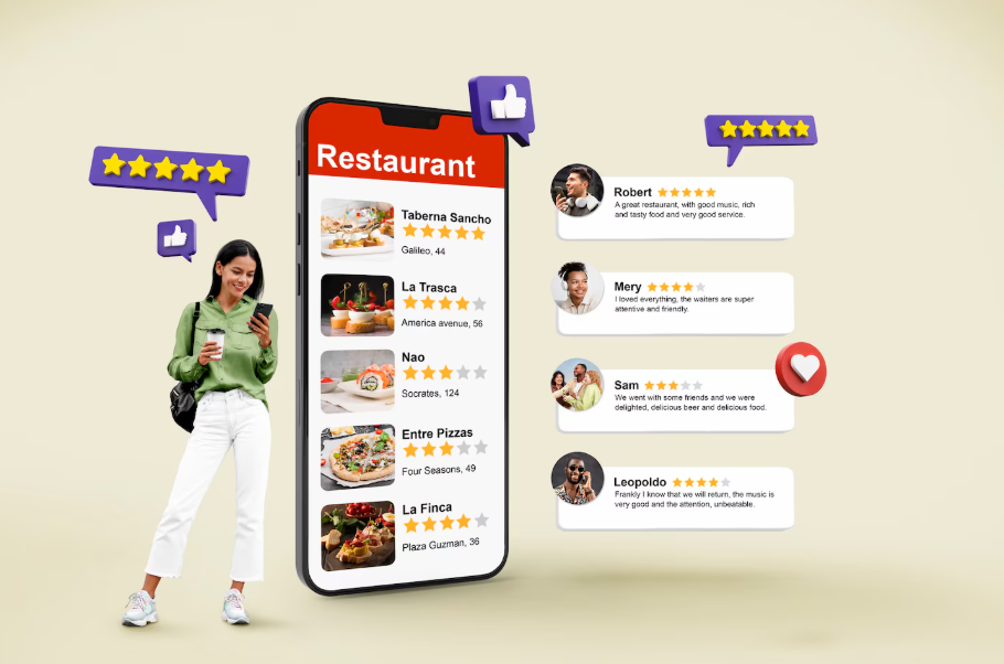 Restaurant ratings screen showing mixed stars—visual guide on how to spot fake reviews.