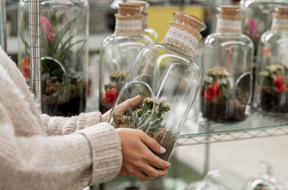 Repurposed glass jar turned into a mini plant terrarium for budget home décor.