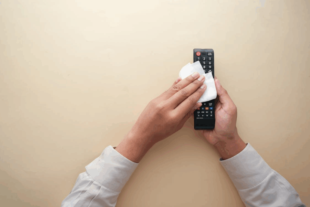 Hands cleaning a TV remote with a disinfectant wipe to remove germs.